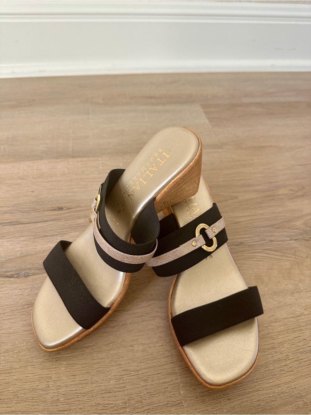 Italian Shoemakers Black and Beige Slip-On Mid Heel Mules